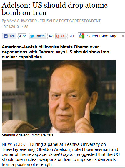 Sheldon Adelson advocates dropping a nuclear bomb on Iran