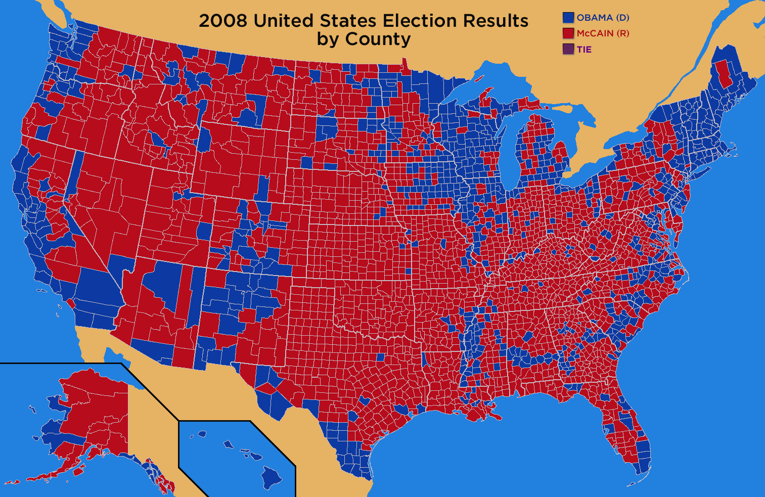 2008 Red-Blue election by County